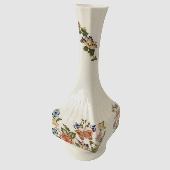 AYNSLEY Cottage Garden Bone China Bud Vase Floral Butterfly 7" England Square - Picture 3 of 9
